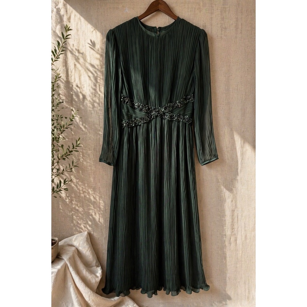 Vintage Dark Green Accordion Pleat Gown Beaded Art Deco Dark Academia Maxi Dress